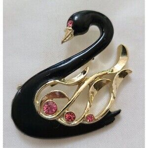 Signed Gerrys Vintage Black Enamel Swan with pink crystals